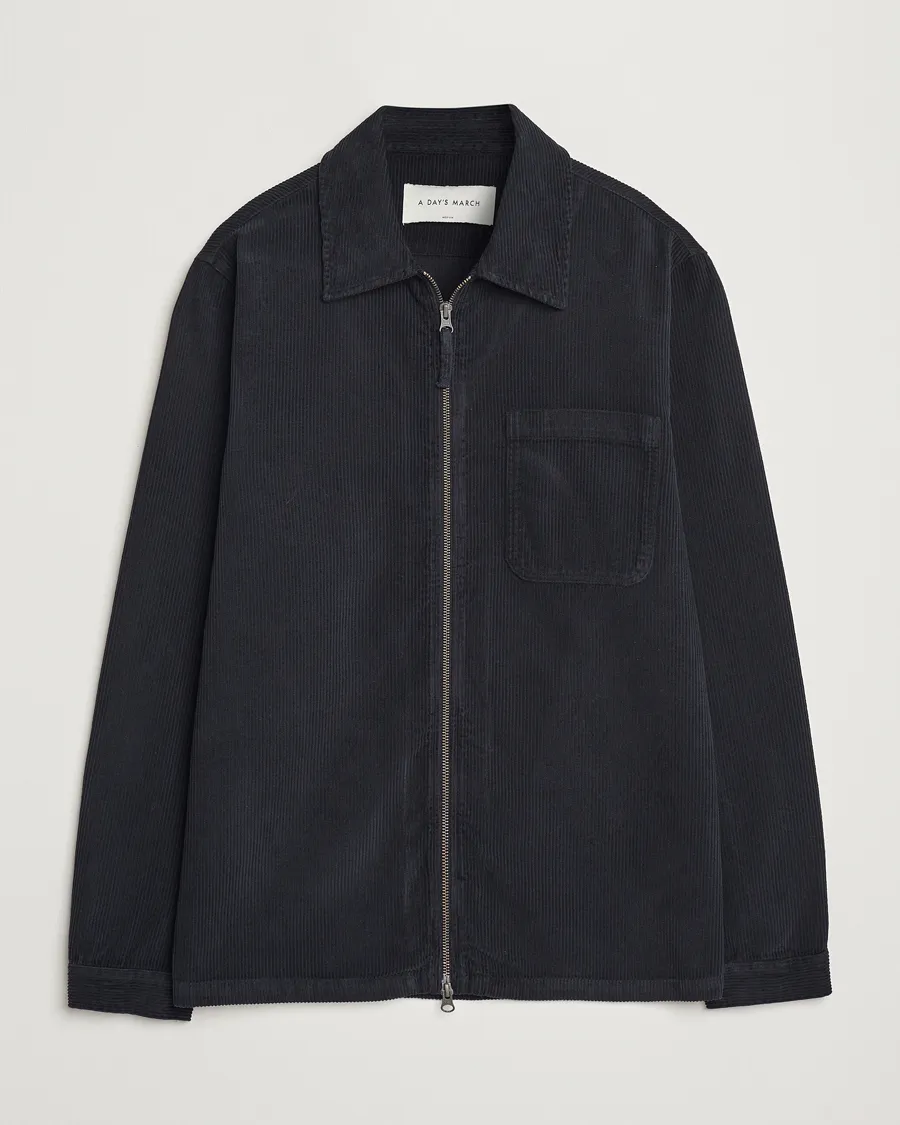 A Day's March Fraser Zip Corduroy Overshirt Black