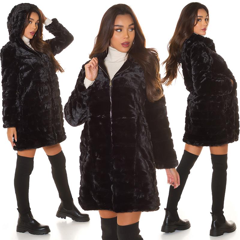 Abrigo de moda piel sintética Negro