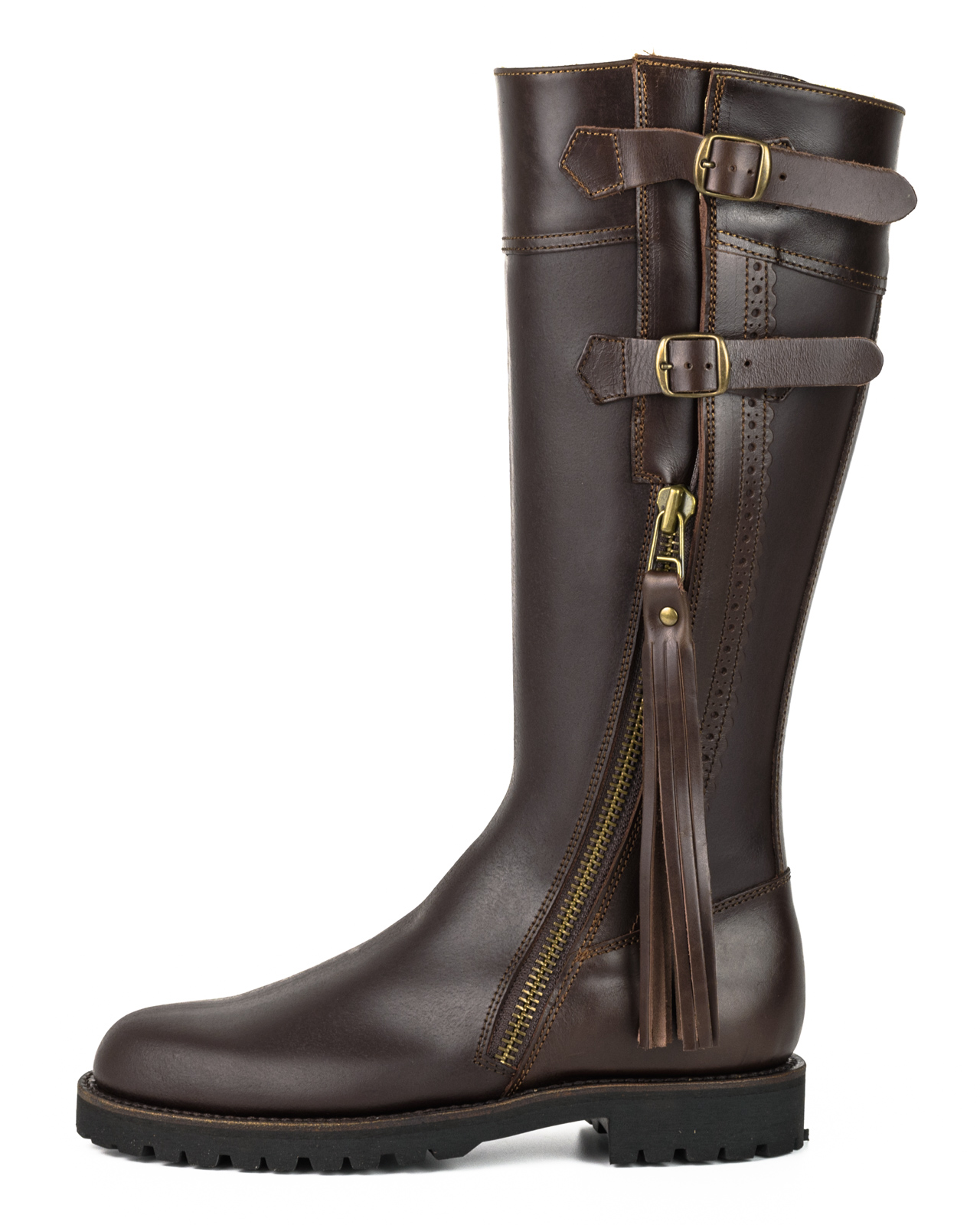 Bota de caza piel marron piso con hebillas a medida
