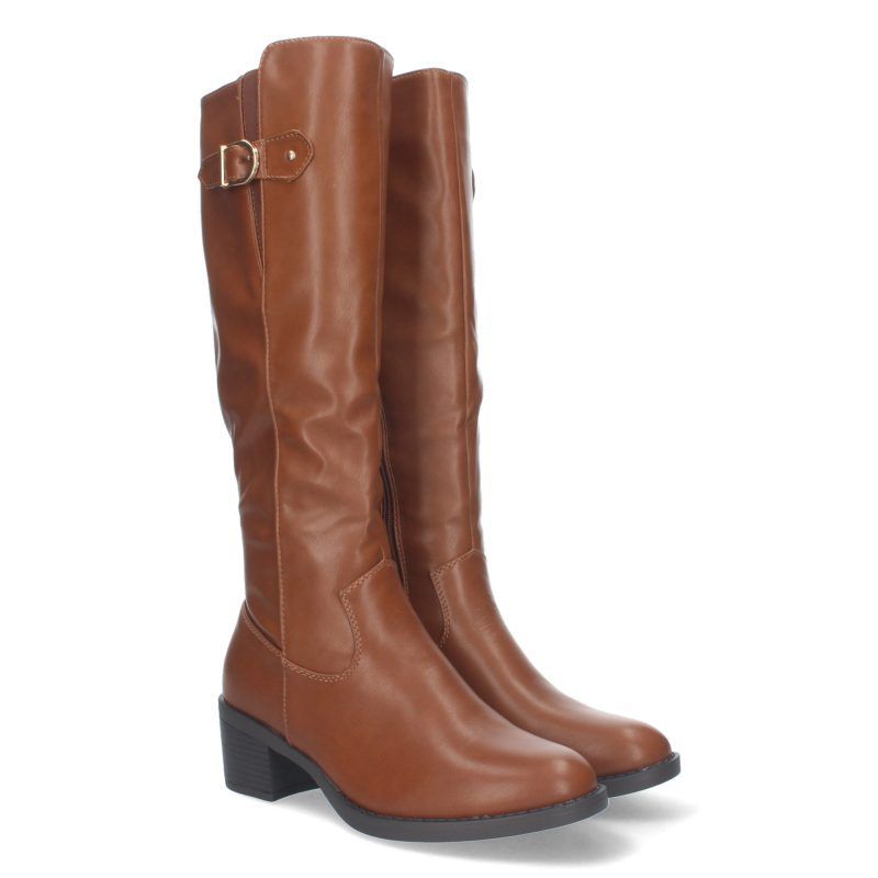 BOTAS ALTAS CAMEL MUJER CON TACóN MEDIO Y DETALLE SUPERIOR ZS100