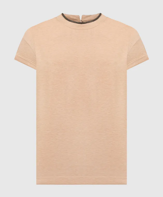 BRUNELLO CUCINELLI BEIGE TSHIRT WITH MONIL CHAIN MADE OF ECOLATHUNI
