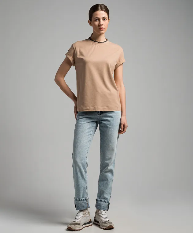 BRUNELLO CUCINELLI BEIGE TSHIRT WITH MONIL CHAIN MADE OF ECOLATHUNI
