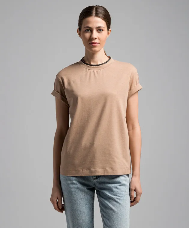BRUNELLO CUCINELLI BEIGE TSHIRT WITH MONIL CHAIN MADE OF ECOLATHUNI