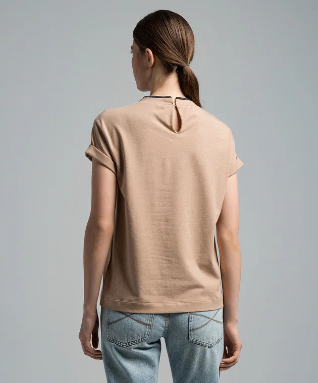 BRUNELLO CUCINELLI BEIGE TSHIRT WITH MONIL CHAIN MADE OF ECOLATHUNI