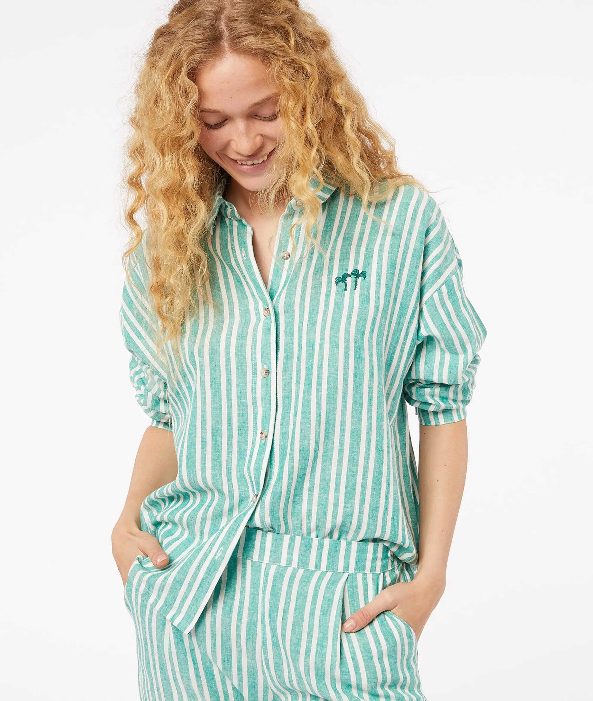 CAMISA LINO ESTAMPADA RAYAS ANIS VERT  ETAM
