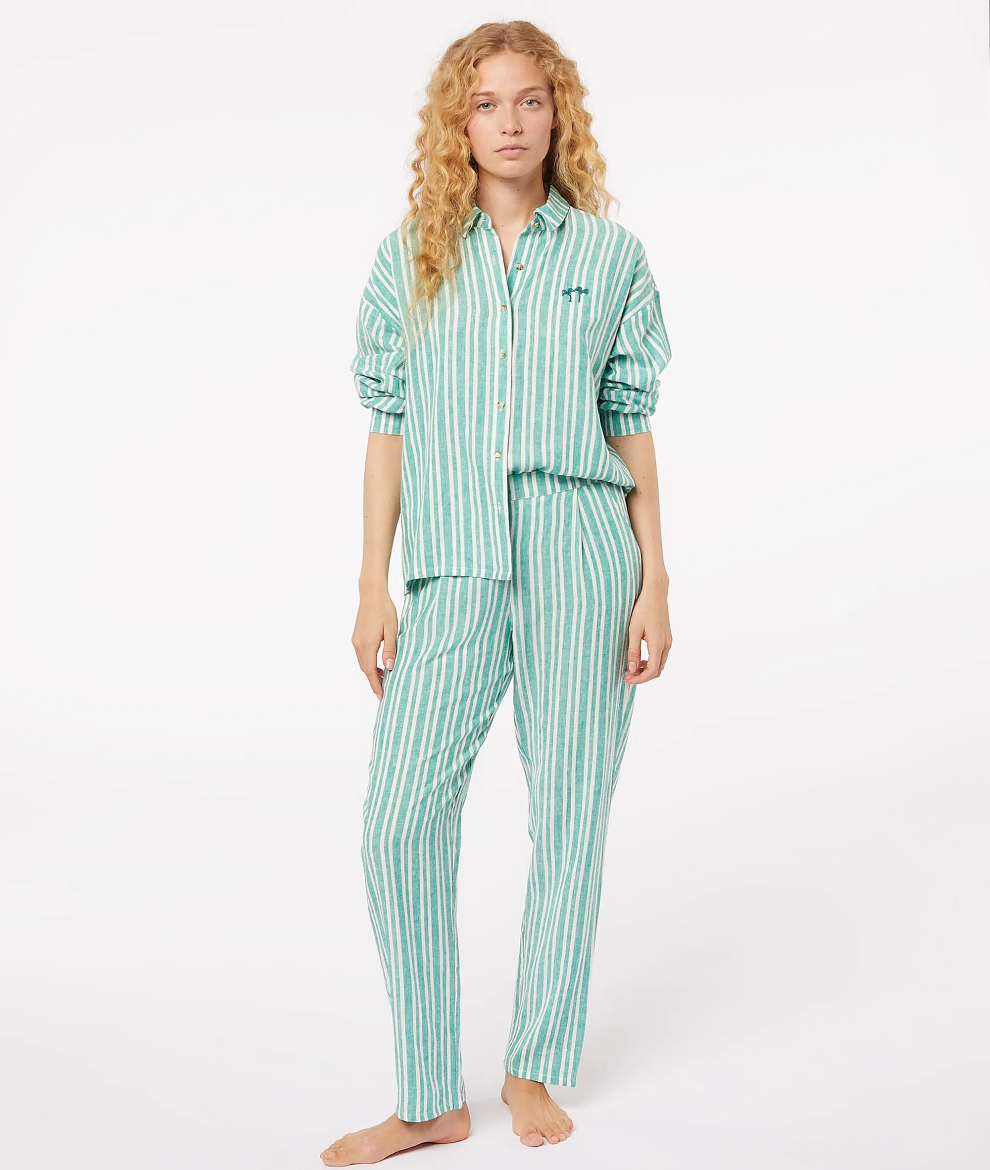CAMISA LINO ESTAMPADA RAYAS ANIS VERT  ETAM