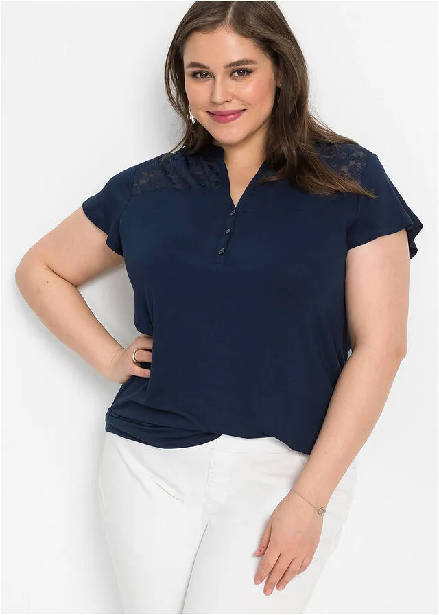 Camiseta con cuello henley y encaje de viscosa sostenible Azul oscuro