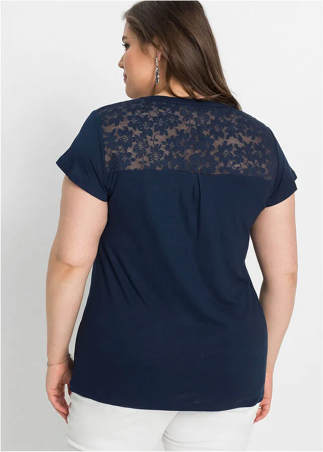 Camiseta con cuello henley y encaje de viscosa sostenible Azul oscuro