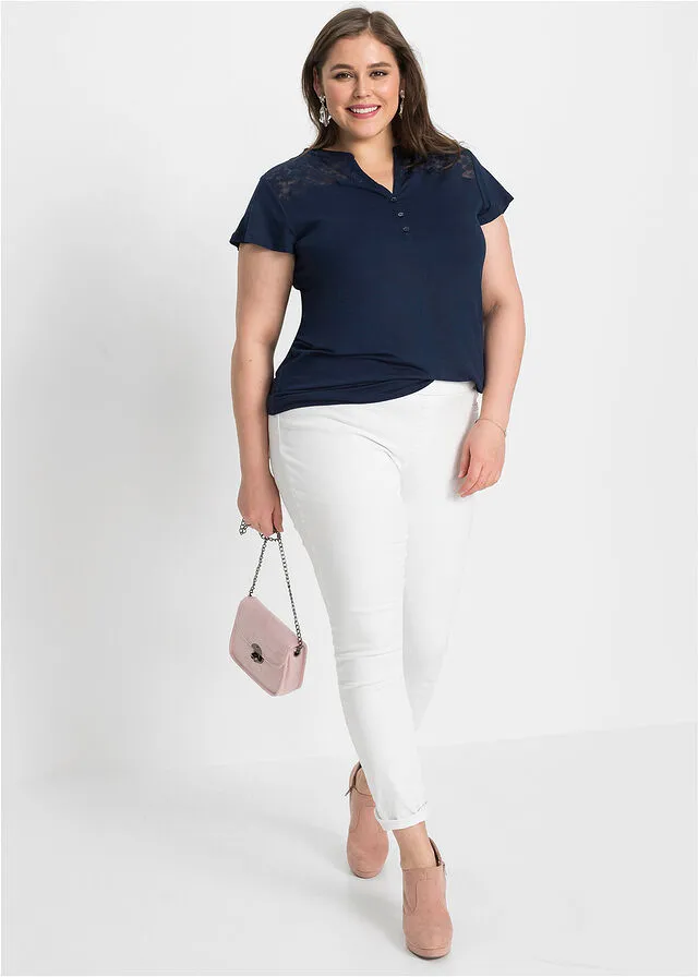 Camiseta con cuello henley y encaje de viscosa sostenible Azul oscuro