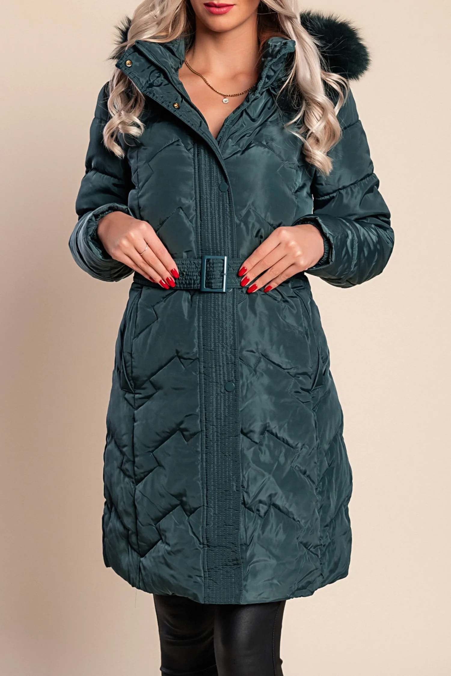 Chaqueta larga acolchada con capucha, petróleo