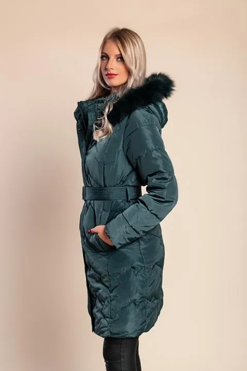 Chaqueta larga acolchada con capucha, petróleo