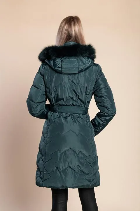 Chaqueta larga acolchada con capucha, petróleo