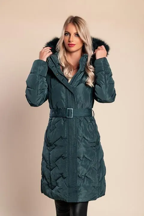 Chaqueta larga acolchada con capucha, petróleo