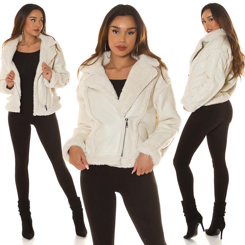 Chaqueta semi piel beige pelo sintético 