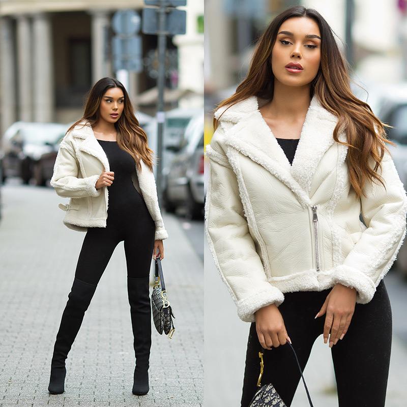 Chaqueta semi piel beige pelo sintético 