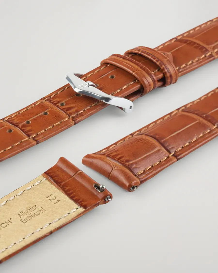 HIRSCH Duke Embossed Leather Watch Strap Honey Brown