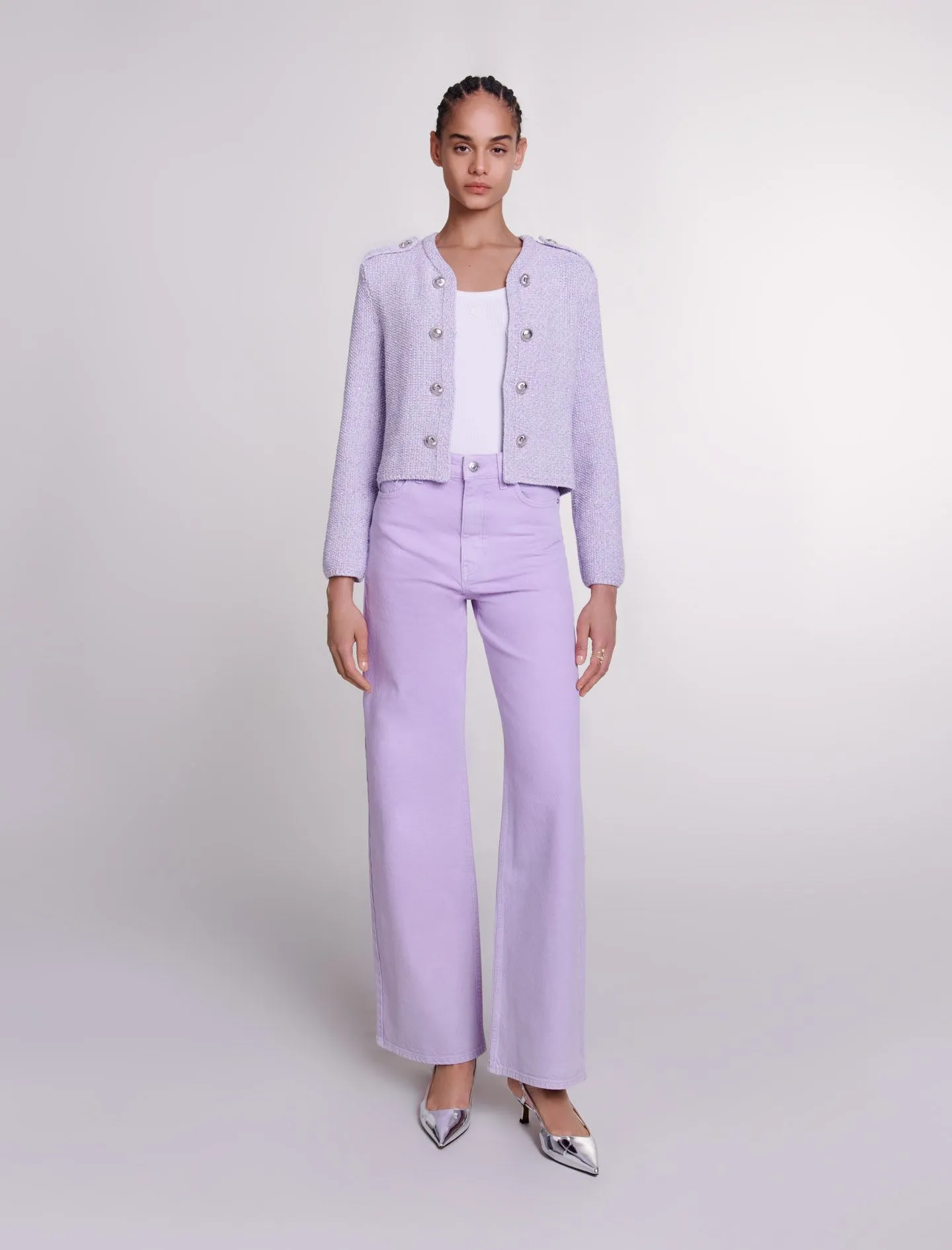 MAJE Chaqueta tejida con cuello de pico y botones en violeta