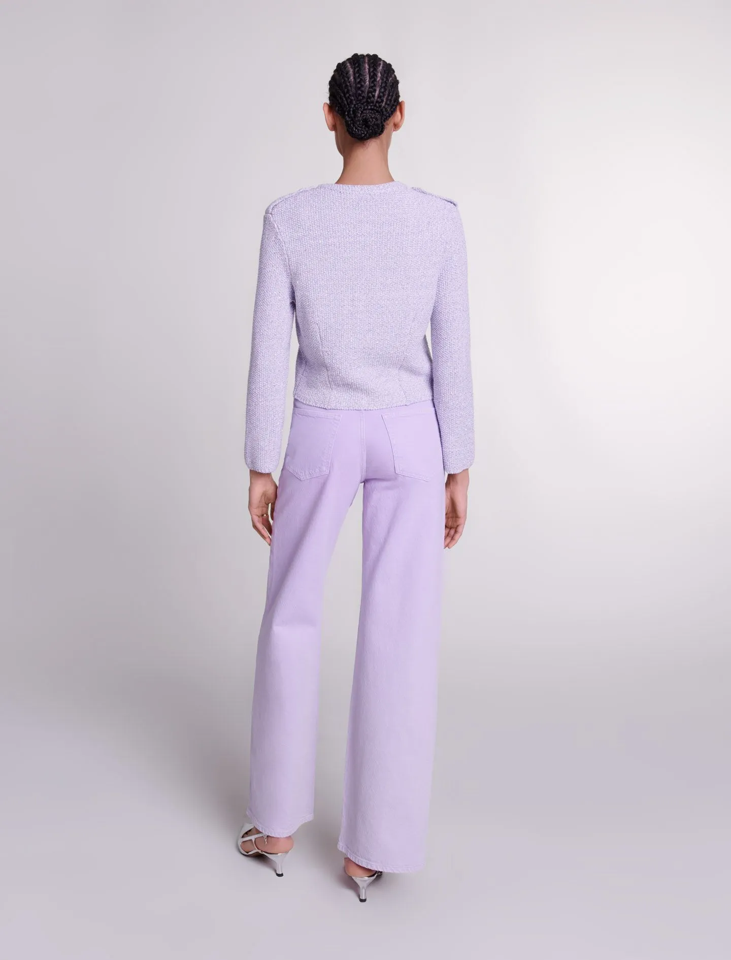 MAJE Chaqueta tejida con cuello de pico y botones en violeta