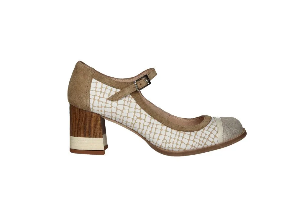 MERCEDES PIELANTE GRABADO BLANCO/TAUPE PUNTA CHAMPAGNE TACóN MEDIO MADERA