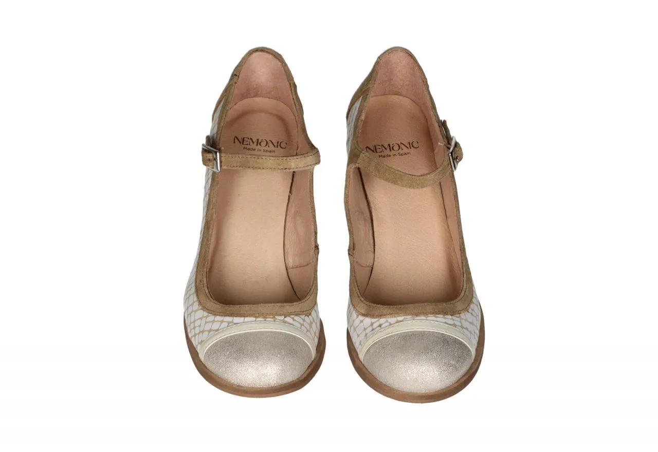 MERCEDES PIELANTE GRABADO BLANCO/TAUPE PUNTA CHAMPAGNE TACóN MEDIO MADERA