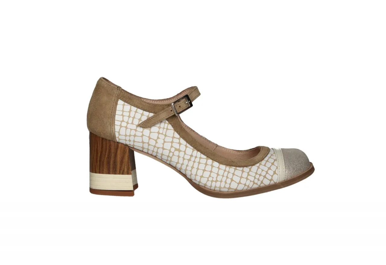 MERCEDES PIELANTE GRABADO BLANCO/TAUPE PUNTA CHAMPAGNE TACóN MEDIO MADERA