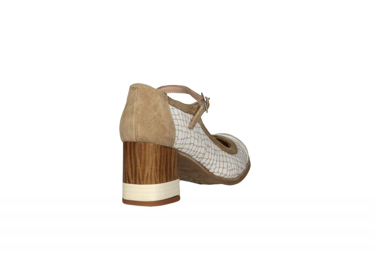 MERCEDES PIELANTE GRABADO BLANCO/TAUPE PUNTA CHAMPAGNE TACóN MEDIO MADERA