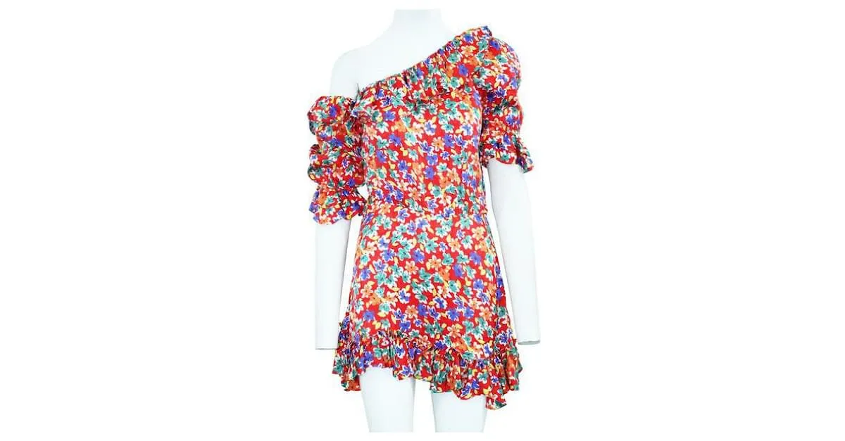 Minivestido asimétrico con estampado multicolor y volantes de un hombro de Saint Laurent 