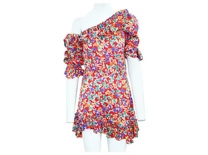 Minivestido asimétrico con estampado multicolor y volantes de un hombro de Saint Laurent 