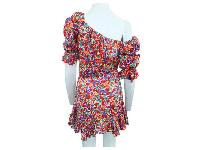 Minivestido asimétrico con estampado multicolor y volantes de un hombro de Saint Laurent 