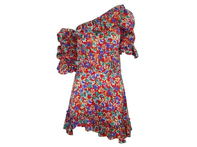 Minivestido asimétrico con estampado multicolor y volantes de un hombro de Saint Laurent 