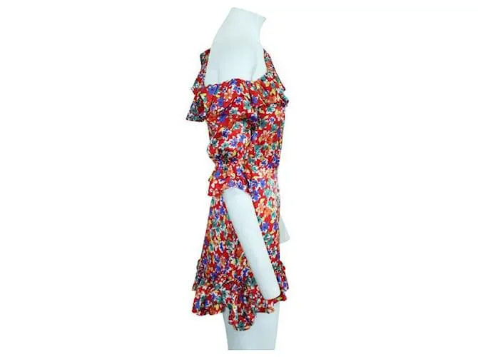 Minivestido asimétrico con estampado multicolor y volantes de un hombro de Saint Laurent 