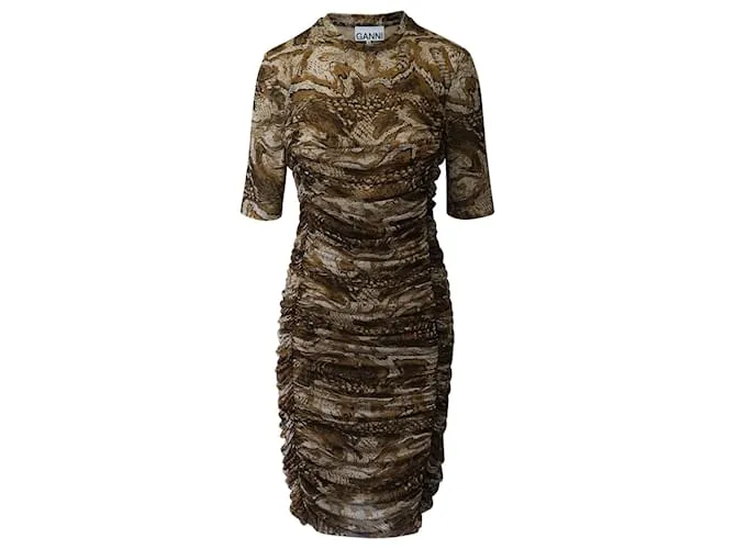 Minivestido fruncido Ganni de poliamida con estampado marrón 