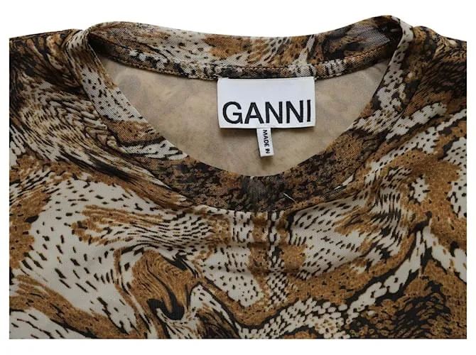 Minivestido fruncido Ganni de poliamida con estampado marrón 