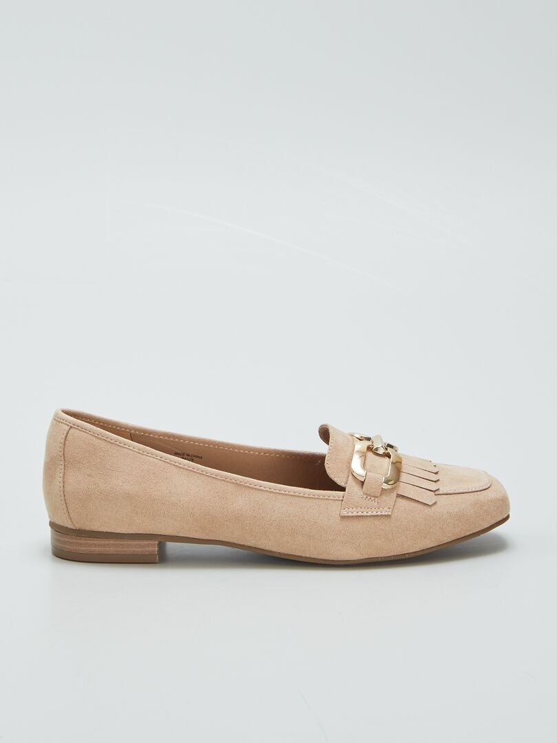 MOCASINES CON TIRAS DORADAS CON FLECOS  BEIGE