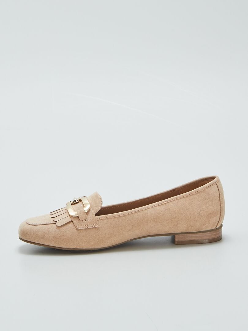 MOCASINES CON TIRAS DORADAS CON FLECOS  BEIGE