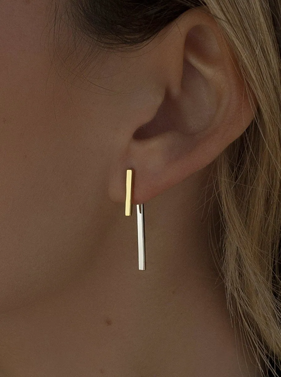 Pendientes bicolor diseo doble pieza en plata lisa y dorada