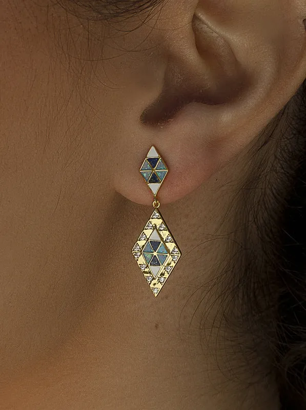 Pendientes con colgantes motivo rombo con lapislazuli  esmalte y circonita