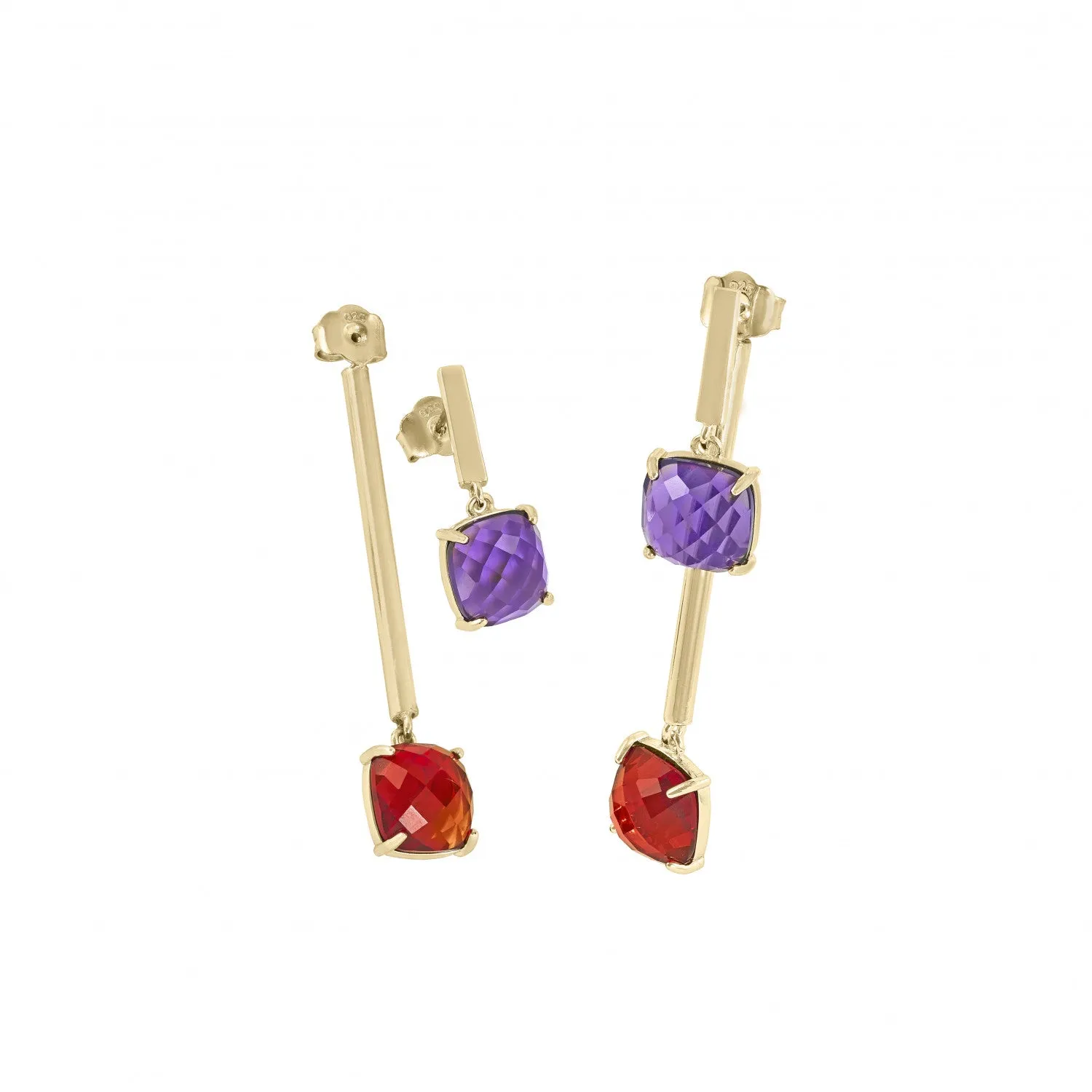 Pendientes largos estilo palillo con dos gemas baados en oro