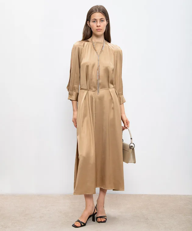 Peserico Beige maxi dress with monil chain
