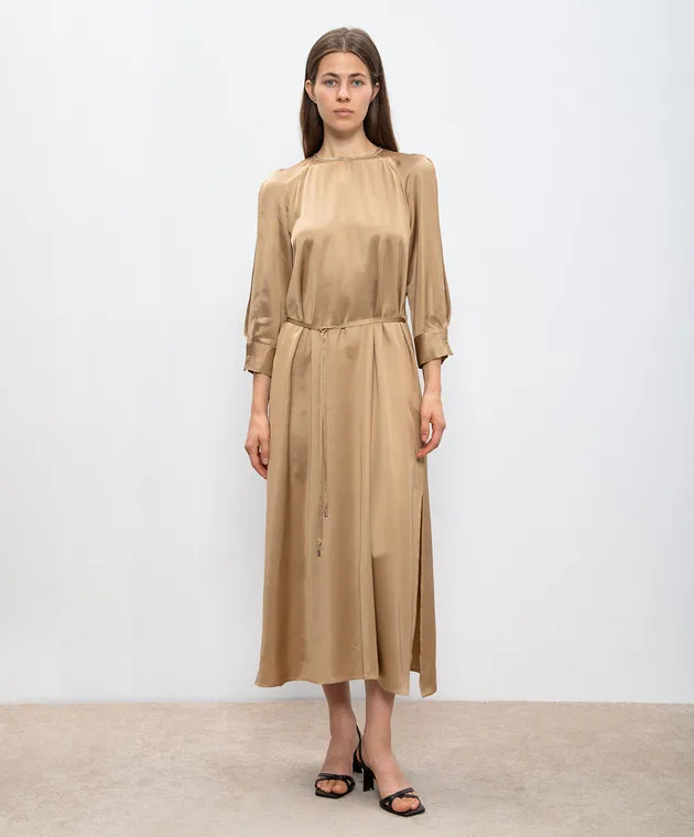 Peserico Beige maxi dress with monil chain