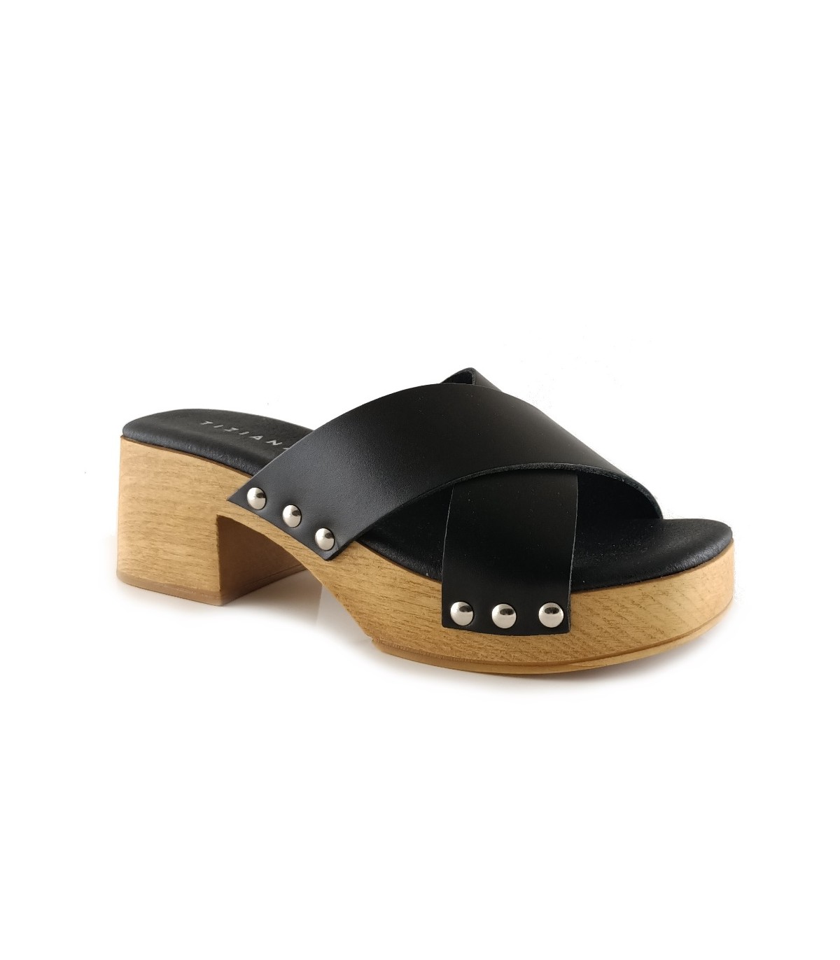 Sandalia de tacón de madera en piel negra