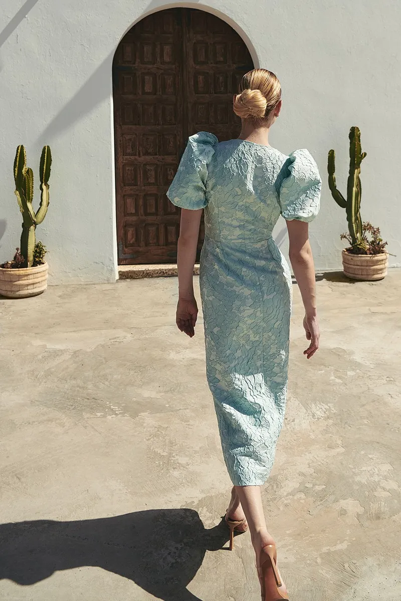 Vestido brocado aguamarina manga globo Candelaria