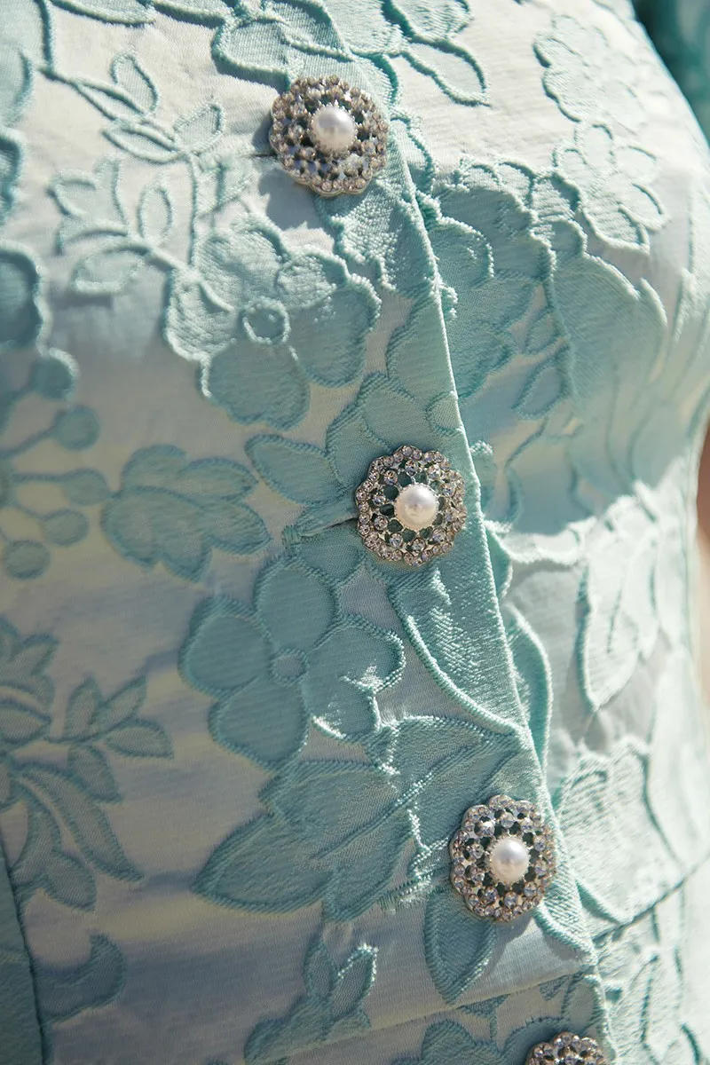 Vestido brocado aguamarina manga globo Candelaria