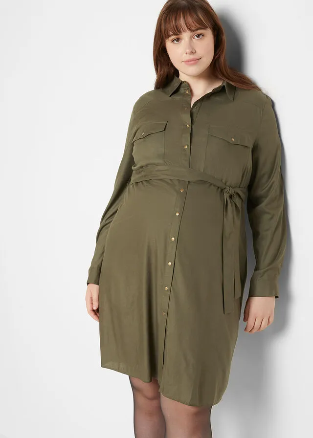 Vestido camisero premamá/de lactancia en viscosa sostenible Verde oliva oscuro