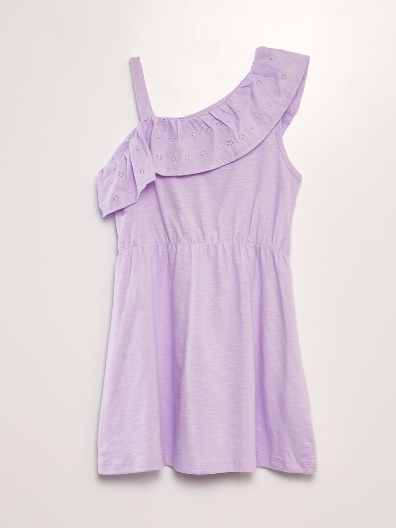 VESTIDO CON VOLANTE EN EL CUELLO DE BORDADO INGLéS  PURPURA