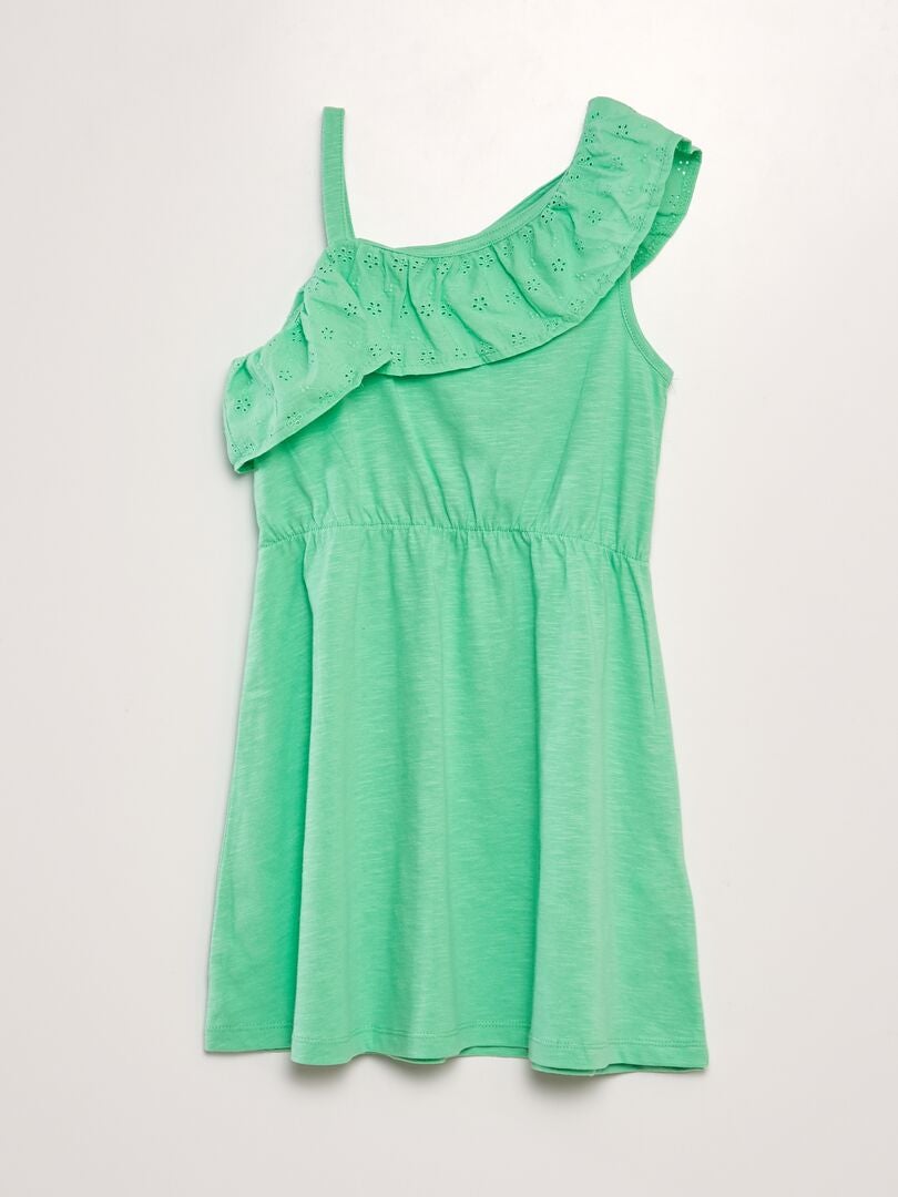 VESTIDO CON VOLANTE EN EL CUELLO DE BORDADO INGLéS  VERDE