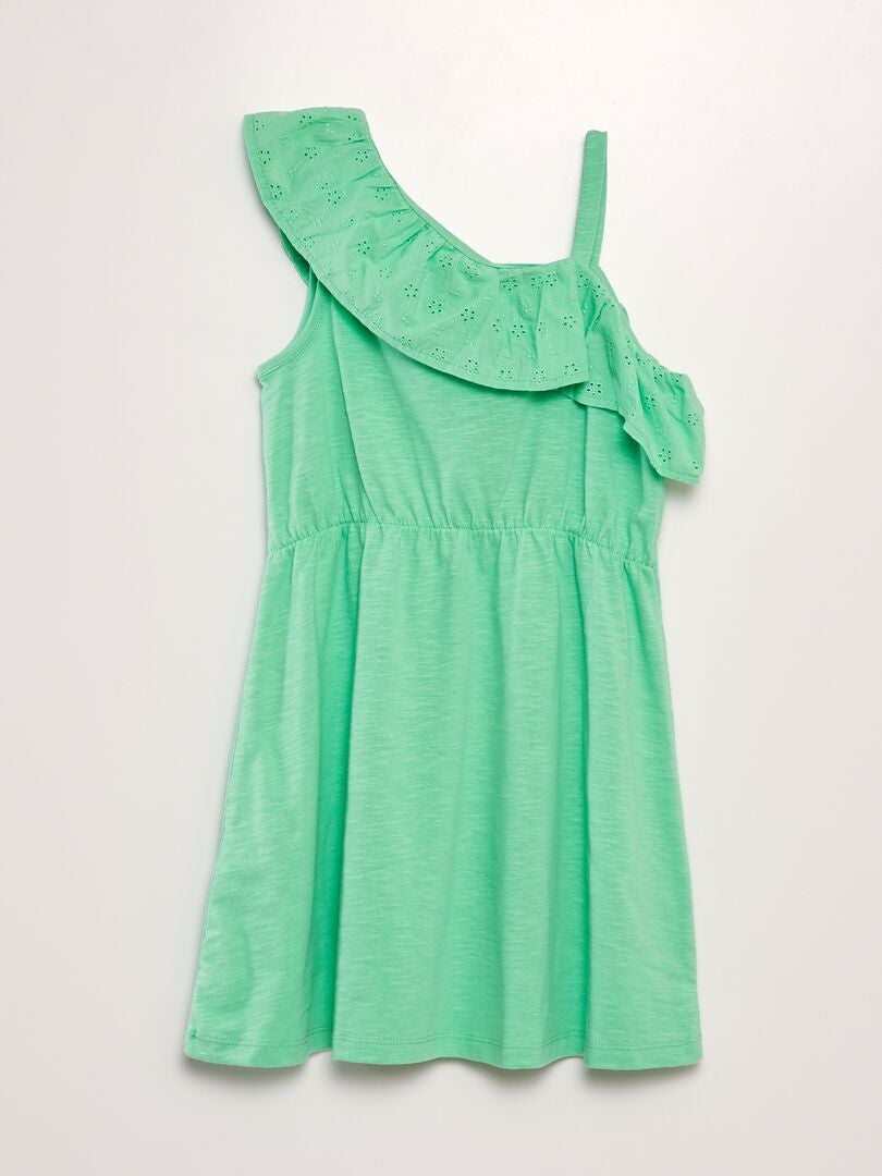 VESTIDO CON VOLANTE EN EL CUELLO DE BORDADO INGLéS  VERDE