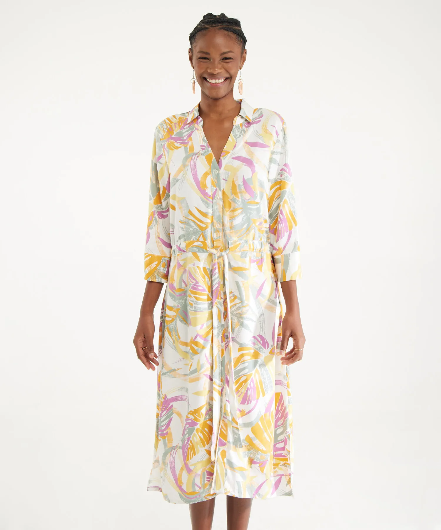 VESTIDO ESTAMPADO MIDI MANGA TRES CUARTOS