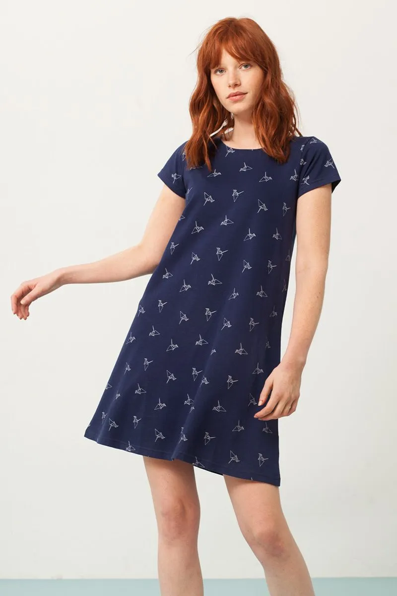 Vestido evasé azul estampado origami