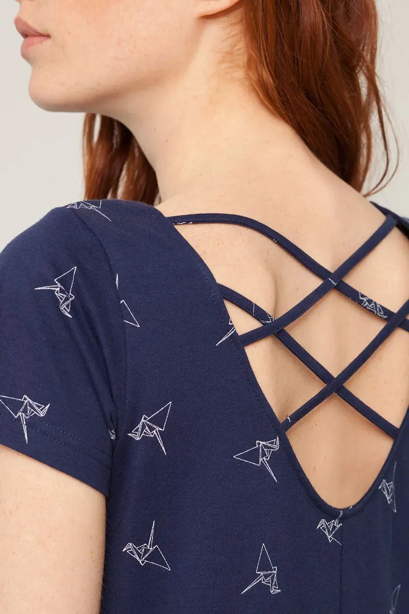 Vestido evasé azul estampado origami